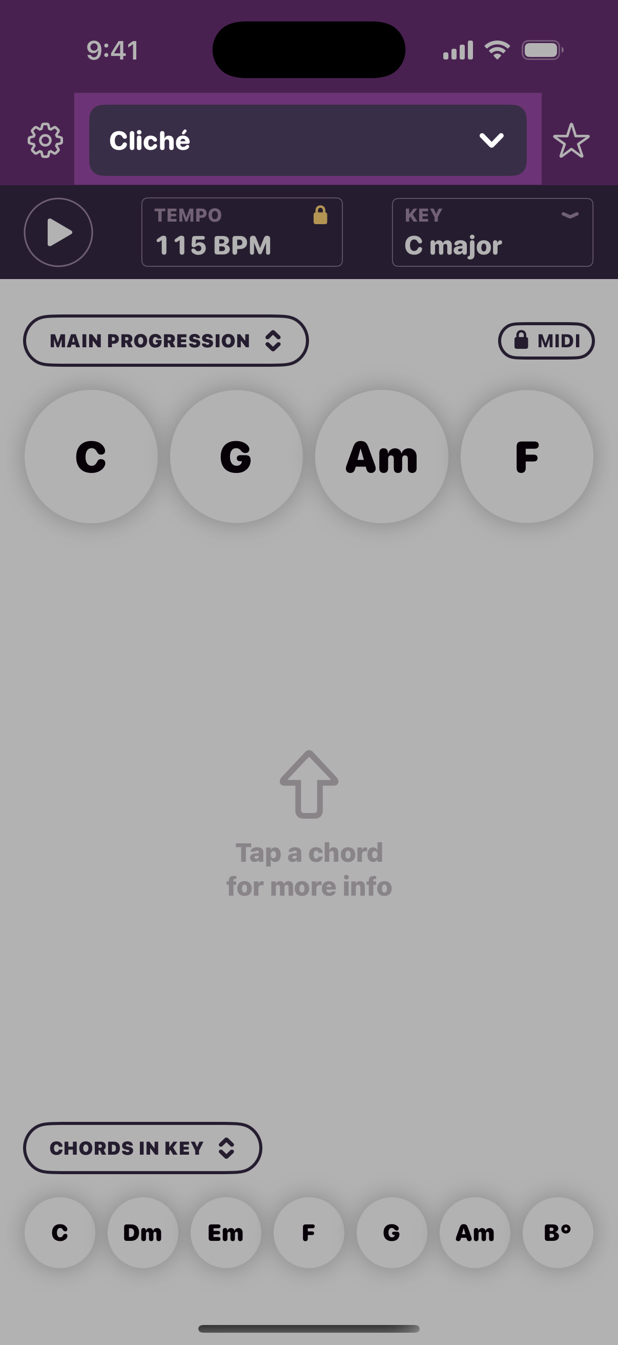 Screenshot of Autochords on iPhone with a button in the top bar highlighted. The button is labelled 'Cliché'.